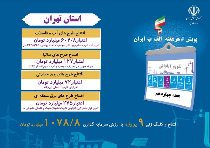 27 پروژه صنعت آب و برق استان تهران فردا افتتاح می‌شود