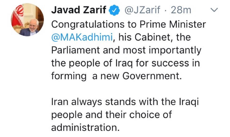 ظریف تشکیل دولت جدید عراق را تبریک گفت